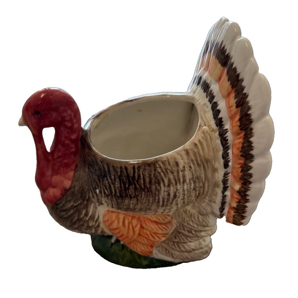 Vintage Ceramic Turkey Planter Thanksgiving Fall Centerpiece Hand Painted Decor